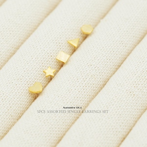 Sampler-E05, 5pcs Assorted Single Earrings Set, Gold Plated Brass, Tiny Geometric Stud Earrings, Square, Hexagon, Star, Triangle, Heart
