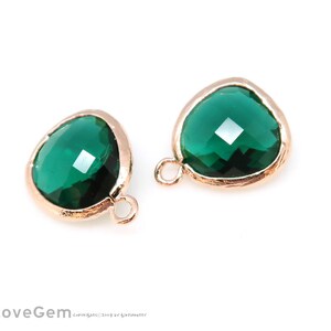 Emerald Green Color Glass Pendant, P1750, Rose Gold Plated Brass, 13mm Framed Glass Charm, May Emerald Glass Birthstone, Add on Charm