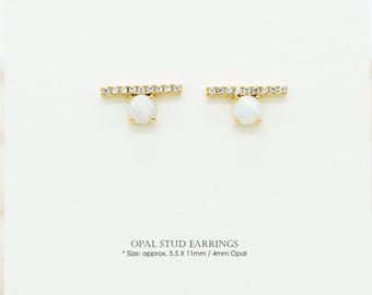 2PCS- Opal Stud Earrings, NP-2230, Gold Plated Brass, 5.5X11mm, Cubic Zirconia Bar Earrings
