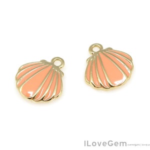 2pcs, NP-2198, Gold Plated, Orange Epoxy, 11X12mm, Small Clam Seashell Pendant, Shell Jewelry, Beach Jewerly, Tropical Ocean