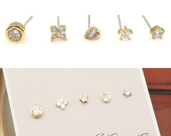 Sampler-E01, Set of 5pcs Assorted Clear CZ Single Earrings, Gold Plated over Brass, Dainty Tiny, Minimalist Stud Earrings, Daily Earrings