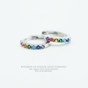 Rainbow CZ Huggie Hoop Earrings, NP-2234, Nickel Free Rhodium Plated Brass, 12mm Outer Size, Small Colorful Earrings