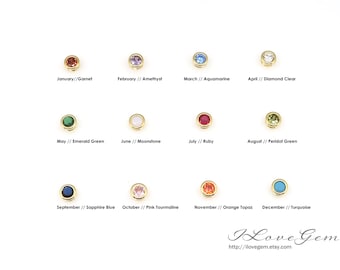 May include: A chart of birthstones for each month of the year. The chart shows a small gold setting with a gemstone for each month. The gemstones are: Garnet, Amethyst, Aquamarine, Diamond, Emerald, Moonstone, Ruby, Peridot, Sapphire, Tourmaline, Topaz, and Turquoise.