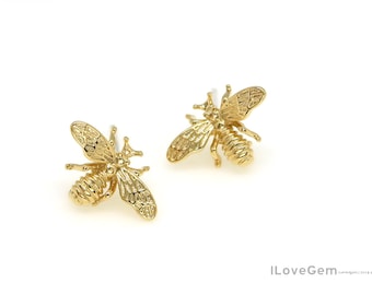 2pcs, M0109, Gold Plated, 14X9.5mm, Honey Bee Earrings, Mini Bee Earstud, Bumble Bee Stud Earrings, 925 sterling silver post, Insect Jewelry