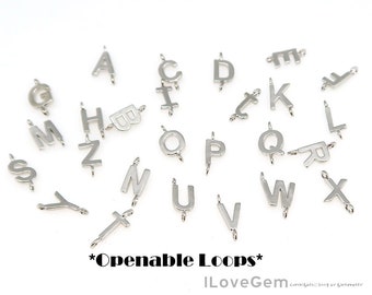 Open Loops// NP-2123, Nickel Free Rhodium, Tiny Sideways Initial Connectors, Mini Alphabet Pendant, Capital letter, Personalized Jewelry