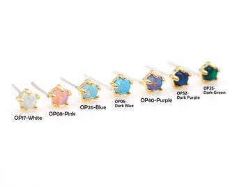2pcs, Dainty 3mm Synthetic Opal Earrings, NP-2216, Gold Plated Brass, White, Pink, Blue, Purple, Green Opal Ear Stud, Tiny Daily Earrings