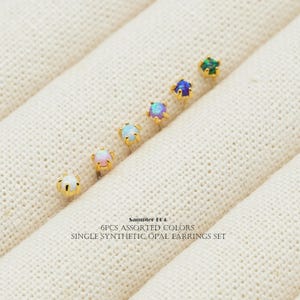 Sampler-E04, 6pcs Assorted Colors Single Synthetic Opal Earrings Set, Gold Plated Brass, 3mm Dainty Tiny, Minimalist Stud Earrings