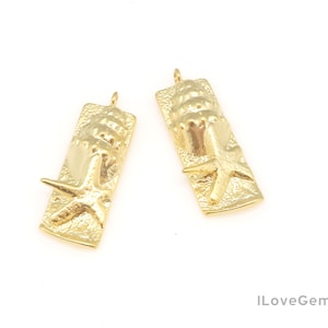 1pcs, NP-2407, Matt Gold Plated, 9X24mm Rectangle, Shell & Starfish Pendant, Tropical Pendant, Gold Medallion, Layering Necklace Pendant