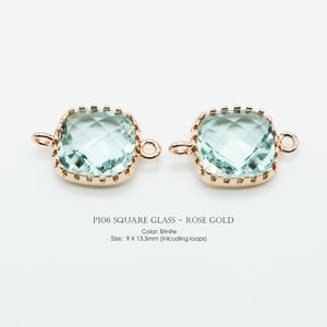 Erinite, Soft Green Color, 9mm Square Glass Connectors, P106, Rose Gold Plated Brass, Framed Glass Pendant