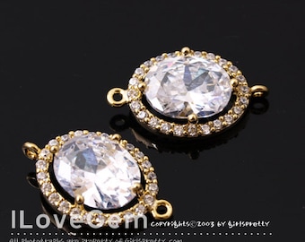 NP-1712, Gold Plated over Brass, Cubic zirconia Oval Connector, 11X18.5mm, CZ Connectors, Cubic Pendant, Making Wedding Jewelry