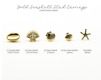 2PCS- Gold Seashell Stud Earrings, NP-2636, Nickel Free Gold Plated Brass, Summer Sea Earrings, Ocean Jewelry, Clam Shell, Starfish Earrings