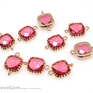 Ruby Color, 9mm Square Glass Connectors, P106, Rose Gold Plated Brass, July Glass Birthstone