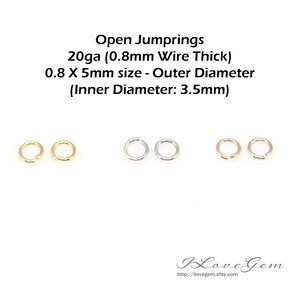 Pode incluir: Imagem de argolas abertas em ouro, prata e ouro rosa. O texto na imagem diz "Open Jumprings 20ga (0.8mm Wire Thick) 0.8 X 5mm size - Outer Diameter (Inner Diameter: 3.5mm)". O endereço do site é ilovegem.etsy.com.