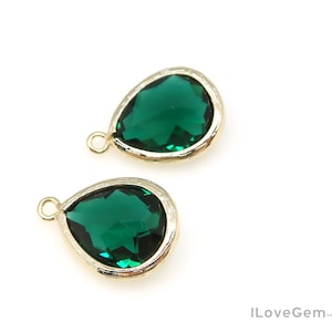 Emerald Green Glass Pendant, P2760, Gold Plated Brass, 12X17mm, Framed Teardrop Glass Charm, May Glass Birth stone, Add on Charm