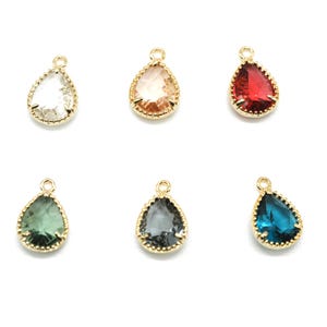 2PCS- Teardrop Glass Dangle Pendant, B0382, Gold Plated Brass, 8.6X13mm, Framed Glass Charm, DIY Making Jewelry