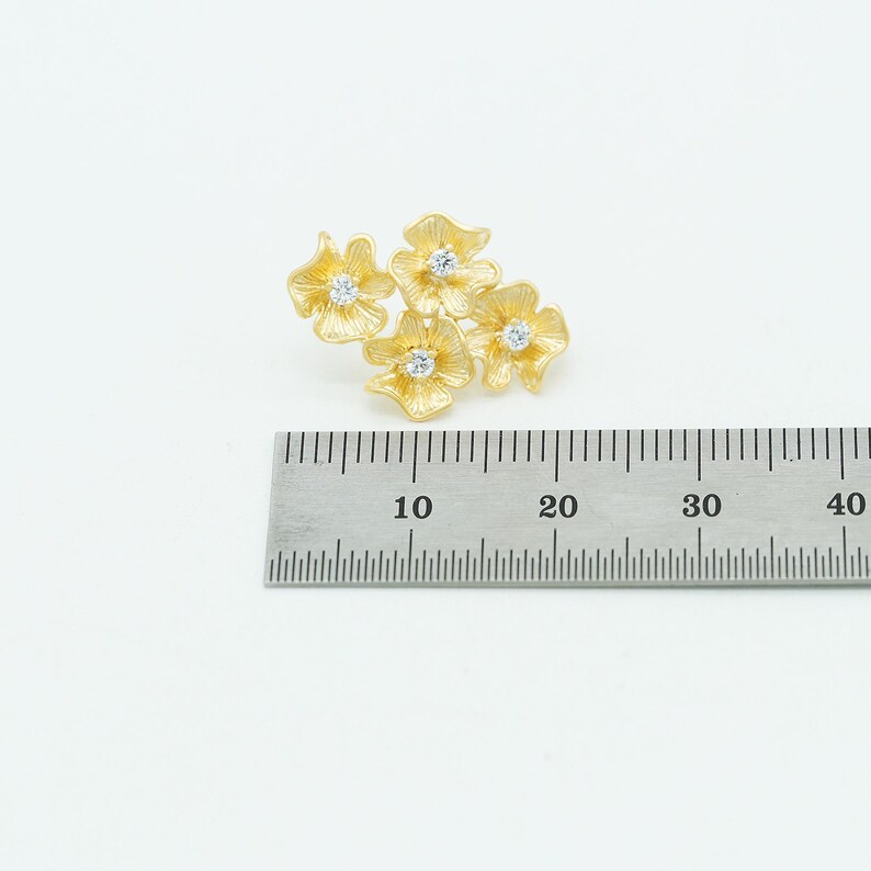 Flower Cluster Stud Earrings, P1003, Matte Gold plated Brass, 15X20.5mm, Floral Earrings with CZ, Botanical Jewelry Supplies image 6