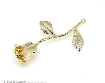 1pcs, NP-2033, Glossy Gold Plated, Rose Pendant, Rose Charm, 3D Rose Flower Necklace Pendant