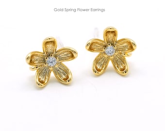 2PCS- Gold Spring Flower Earrings, X0064, Gold Plated Brass, 10mm Androsace Umbellata Flower Ear Stud, Floral Stud Earrings