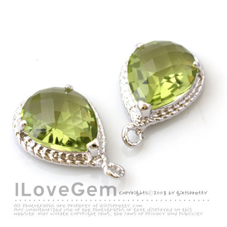 SALE 10pcs B083 Rhodium plated Peridot Green Framed Glass Pear Cut drop pendant