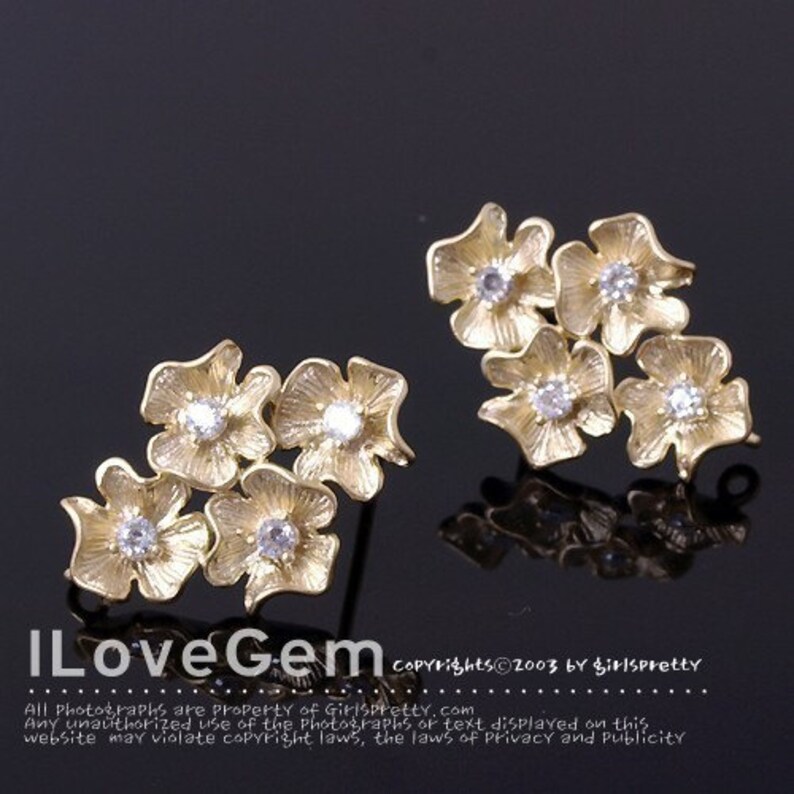 Flower Cluster Stud Earrings, P1003, Matte Gold plated Brass, 15X20.5mm, Floral Earrings with CZ, Botanical Jewelry Supplies image 8