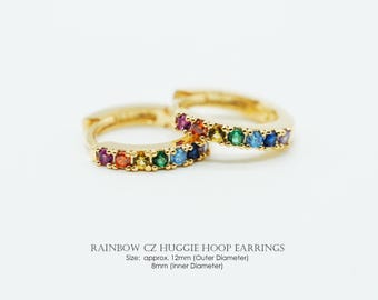 Rainbow CZ Huggie Hoop Earrings, NP-2234, Nickel Free Gold Plated Brass, 12mm Outer Size, Small Colorful Earrings