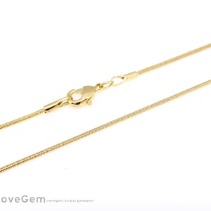 May include: A gold snake chain necklace with a lobster clasp closure.
