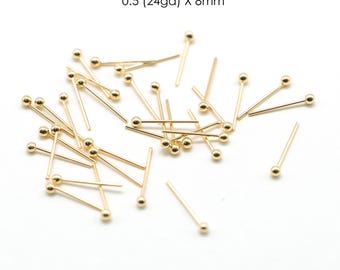 50PCS- Small Ball Head Pins, NP-2620, Gold Plated Brass, 0.5X8mm, 24ga Headpin
