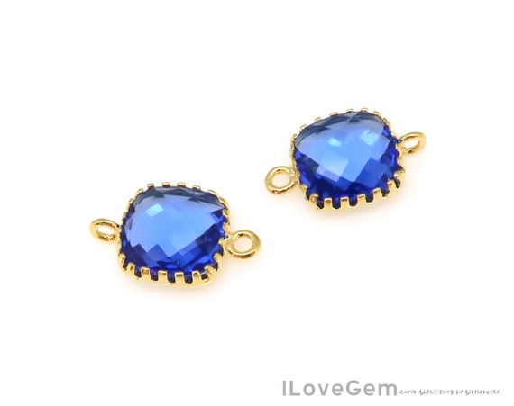 SALE 10pcs P106 Gold Sapphire Blue Glass Framed Glass connector 9mm Glass Square September Glass Birth stone Glass Pendant Montana