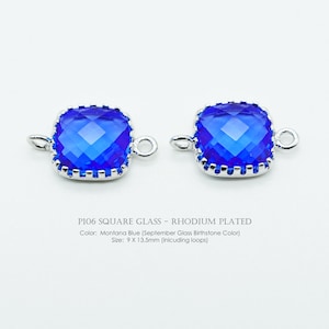 Cobalt Blue, 9mm Square Glass Connectors, P106, Rhodium Plated Brass, Framed Glass Pendant