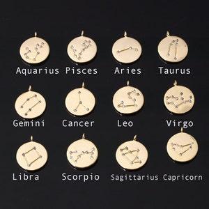 1pcs, 11mm Coin Zodiac Pendant, ZO2549-GO, Gold Plated over Brass, Constellation Necklace Charm, Birth Signs, Zodiac Sign Jewelry