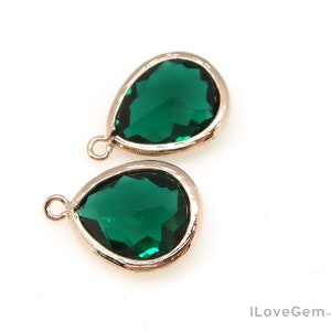 Emerald Green Glass Pendant, P2760, Rose Gold Plated Brass, 12X17mm, Framed Teardrop Glass Charm, May Glass Birth stone, Add on Charm