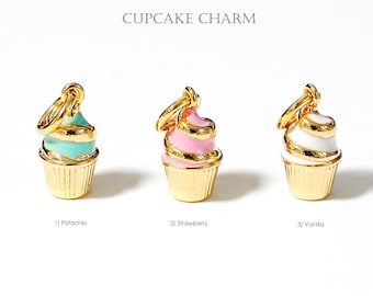 1PCS- Cupcake Charm, NP-2603, Gold Plated Brass, 3D Enamel Sweets Dessert Pendant, Cute Dangle for Summer Jewelry