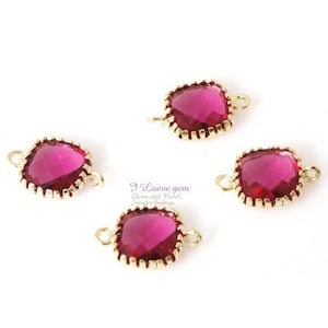 Ruby Color, 9mm Square Glass Connectors, P106, Gold Plated Brass, July Glass Birthstone
