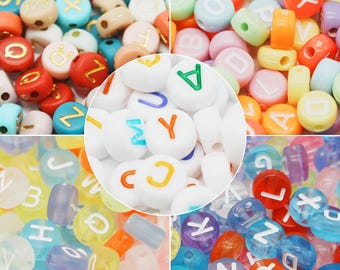 100PCS-Random Mixed Acrylic Alphabet ABC Beads, AP-064, 7mm Flat Round Disc, Letter, Initial, Name Beads, Bracelet Beads, Colorful Beads