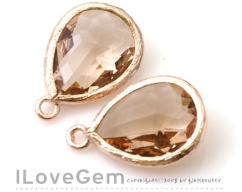 P2760 Rose Gold plated, Peach, Champagne, Framed Glass drop, Framed faceted glass stone, Glass pendant, 12X17mm