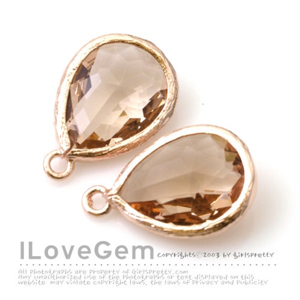 P2760 Rose Gold plated, Peach, Champagne, Framed Glass drop, Framed faceted glass stone, Glass pendant, 12X17mm