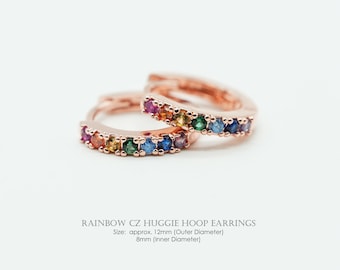 Rainbow CZ Huggie Hoop Earrings, NP-2234, Nickel Free Rose Gold Plated Brass, 12mm Outer Size, Small Colorful Earrings