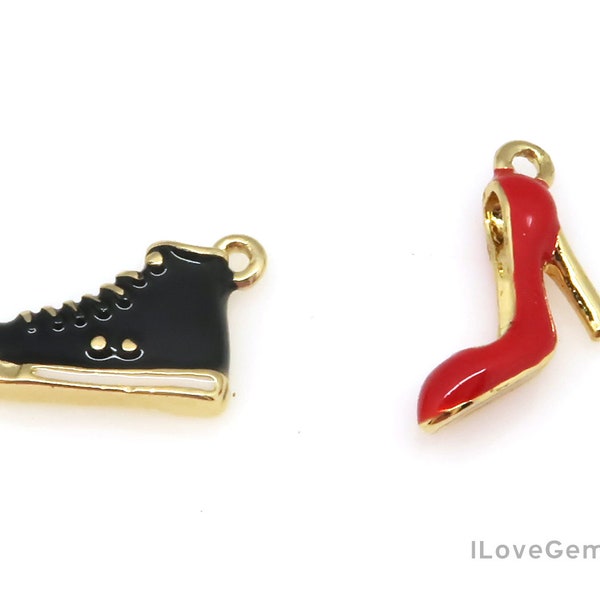 1pcs, NP-2444, Gold Plated, Enamel Painting, Black Sneakers Charm, Red Stiletto Heels Charm, Mini Shoe Necklace Pendant