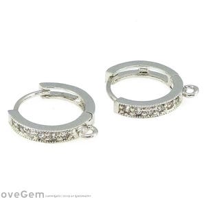 CZ Leverback Huggie Earrings, NP-1967, Rhodium Plated Brass, 12.5mm Cubic Round Hoop Earrings with 1 Loop, DIY Jewelry Making