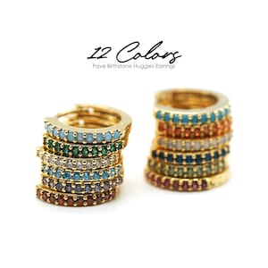 Pave Birthstone Huggies Earrings-2pcs -NP-2153, Gold Plated Brass-Birth Stone Hoop Earrings-Nickel Free-13mm Round Leverback