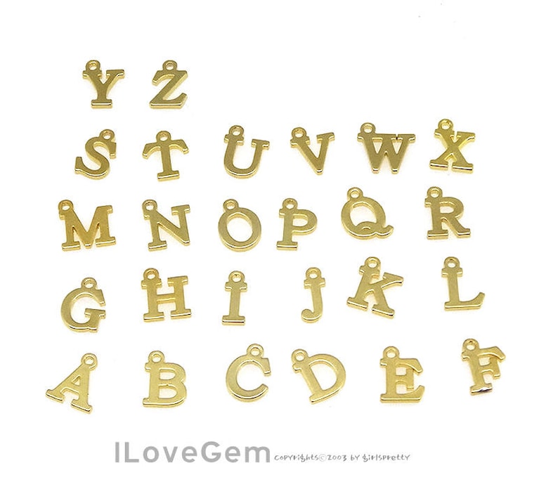 May include: Gold-colored metal alphabet letter charms. The letters are arranged in alphabetical order from A to Z.  ILoveGem copyrights 2003 by girlspretty.