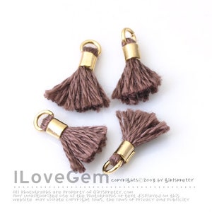 4pcs, TA-043-PE-L Petite Tassel, #779 Brown, Cotton Tassels with Gold Jumpring, 12mm, Mini Tassel Pendant, Tassel Charm