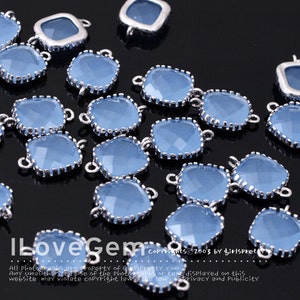 Ice Blue, 9mm Glass Squares Connectors, P106, Rhodium plated over Brass, Framed Glass Pendant, DIY Making Jewelry Findings