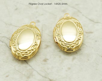 Gold Filigree Oval Locket Necklace Charm, NP-2629, Gold Plated Brass, 14X20.5mm Oval Keepsake Pendant, Photo Memory Charm, Anniversary Gift