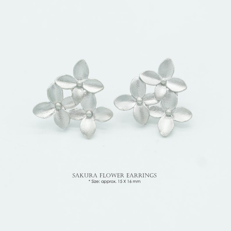 NP-232 Matt Rhodium Plated over Brass, Sakura Flower Earrings, Cherry Blossom Ear Stud, Wedding Jewelry, 925 sterling silver post image 1