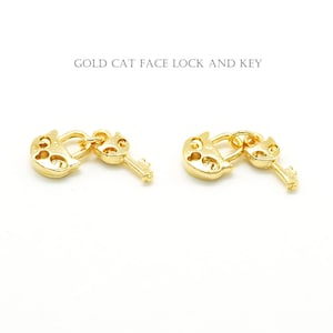 2PCS- Gold Cat Face Lock and Key Dangle Charm, NP-2655, Gold Plated Brass, Cute Cat Pendant, Gold Padlock Pendant