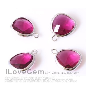 Ruby Color Glass Pendant, P1750, Rhodium Plated Brass, 13mm Framed Glass Charm, July Ruby Glass Birthstone, Add on Charm