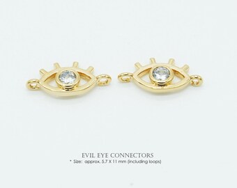 2pcs, NP-2086, Gold Plated, 11mm, Tiny Evil Eye Connectors, Clear Cubic Evil Eye Bracelet Pendant