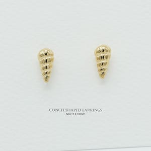 May include: A pair of gold-coloured conch-shaped earrings. Each earring is a detailed miniature of a conch shell. The earrings measure 5mm x 10mm. The text "CONCH SHAPED EARRINGS" and "Size: 5 x 10mm" is below the earrings.