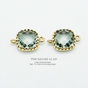 Charcoal Grey Color, 9mm Square Glass Connectors, P106, Gold Plated Brass, Framed Glass Pendant